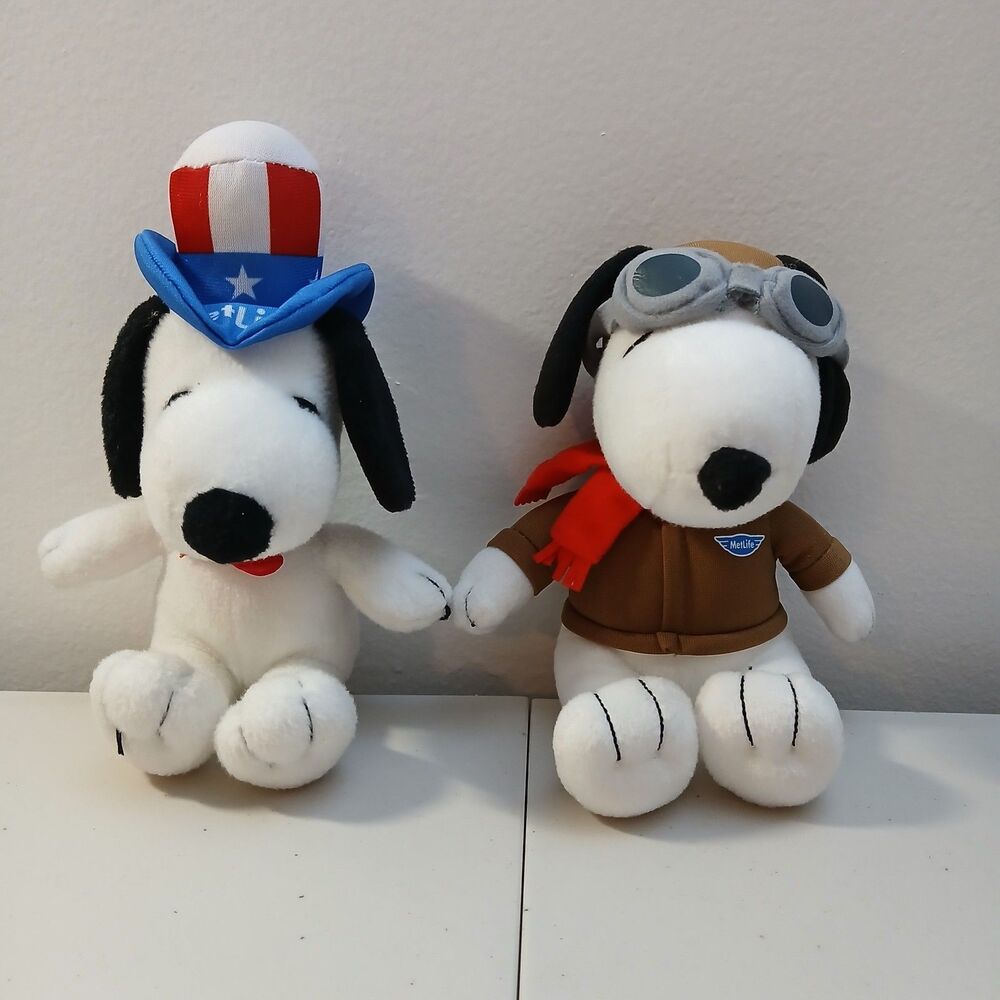 Met Life Snoopy Stuffed Plush Animal Set Peanuts Pilot Costume American Flag Set